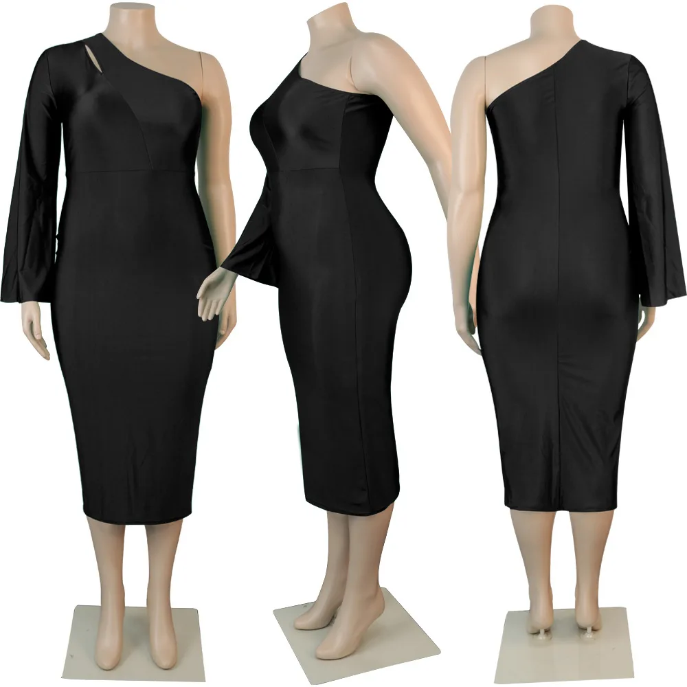 Plus Size Elegant Bodycon One Shoulder Party Dress For Women Long Sleeve Irregular Office Lady Vestidos Banquet Designer Robes