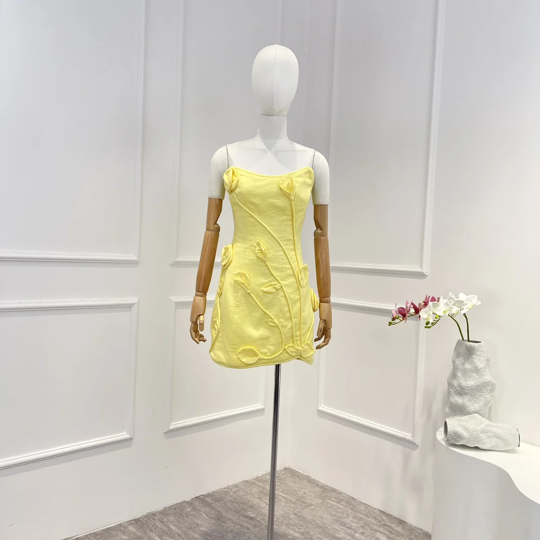 

Женская одежда 2023, высококачественные льняные летние однотонные желтые платья на бретелях-спагетти в пляжном стиле с оборками и кисточками