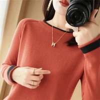womens sweater 100 cotton loose fashion long sleeve hollow round neck contrast color casual patchwork chic womens pullover
