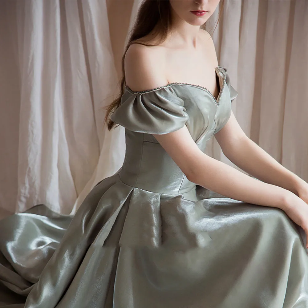 

Elegant Satin Cocktail Dress Sweetheart A-Line Luxury Off The Shoulder Backless Long Wedding Banquet Dress Slim Prom Gown 2022