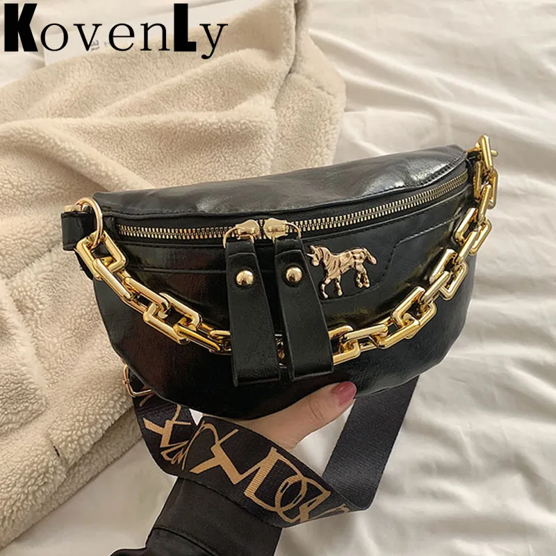 

Повседневные поясные сумки для женщин, кожаная сумка через плечо, модная нагрудная сумка на толстой цепочке, новинка 2023, женская сумка, заба...