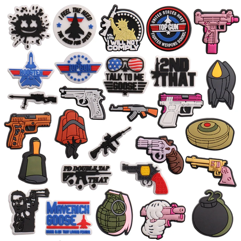 

50Pcs Wholesale PVC Mine Tools Airplane Pistols Gun Shoes Accessories Kids Shoe Buckle Fit Wristband Croc Jibz