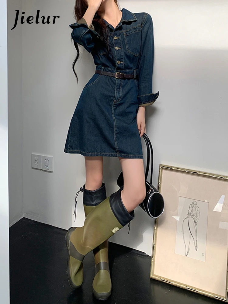 Jielur Женское джинсовое платье-поло голубое Элегантное однобортное винтажное