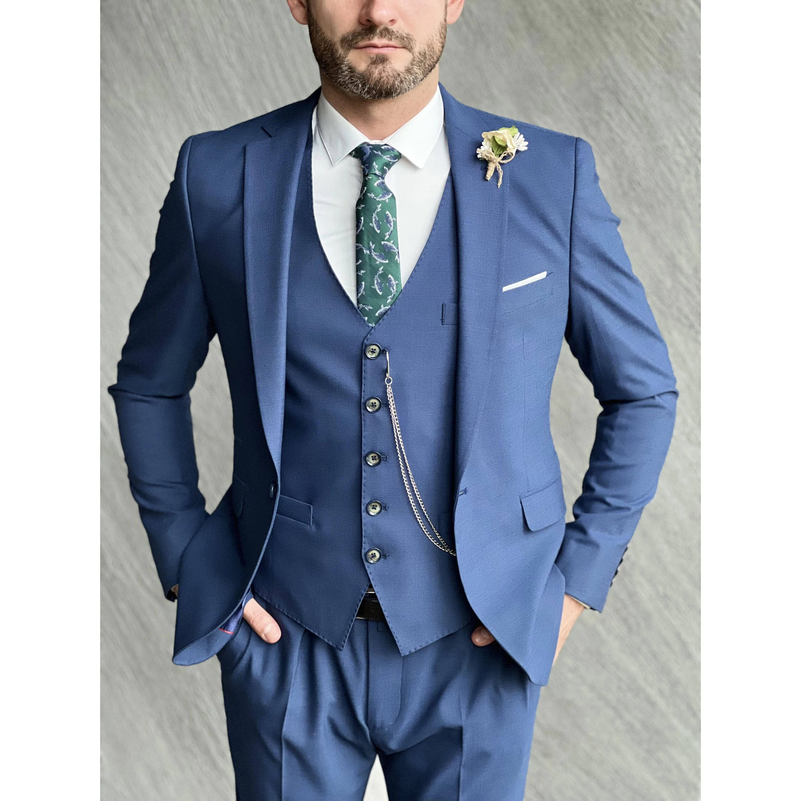 

Костюм для мужчин, блейзер, синяя одежда, однобортный пиджак с отложным воротником, брюки, жилет, элегантный приталенный силуэт