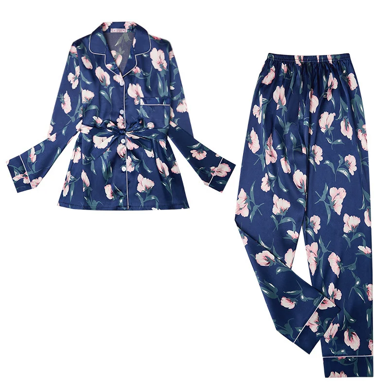 Flower Pajamas Set Women Sweet Stripe Print Full-Sleeve Belt Shirt Pyjamas Top Rayon Homewear Clothes Big Size