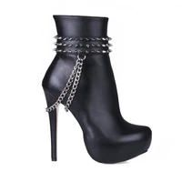 punk woman ankle rivets studs chains fasten super heel ankle boots gladiator thin high heel platform stage short boots