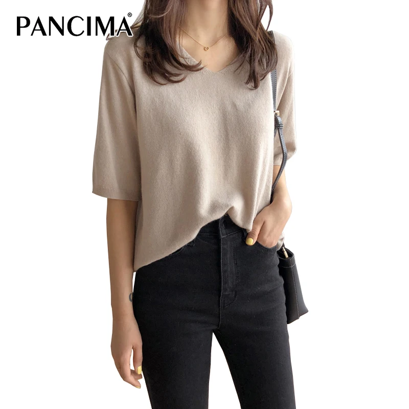 

PANCIMA Autumn New Ice Silk Slouchy Large Versatile Women's Thin Medium Sleeve Backed V-Neck Simple Loose Fit T-Shirt