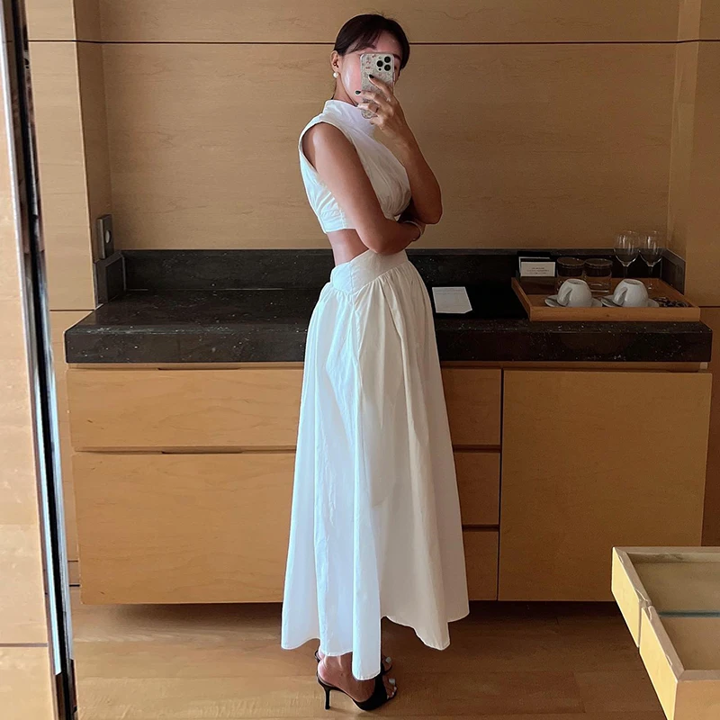 

Women's Summer Vintage Stand Collar Long White Tank Dress Sleeveless Waist Baring Folds A-line Maxi Sundress Slim Fit Sarafans