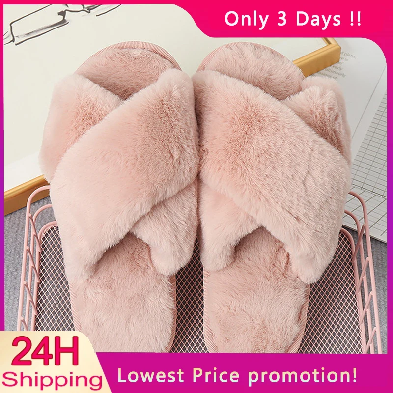 

Winter Slippers Women Fashion Cross Fluffy Fur Slipper Home Slides Platform Flat Indoor Floor Flip Flops Women Ladies Shoes 2023