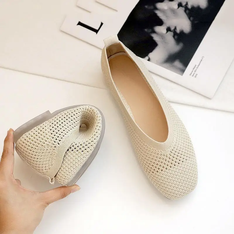 

Shallow Stretch Fabric Ballet Flats Slip on Mesh Loafers Knitted Boat Shoes Women Breathable Walk Shoes Zapatos De Mujer Q14