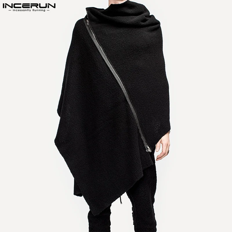 

Fashion Loose Solid Tops INCERUN Men's Simple Pile collar Trench All-match Solid Inclined Zipper Design Long Sleeve Cloak S-5XL