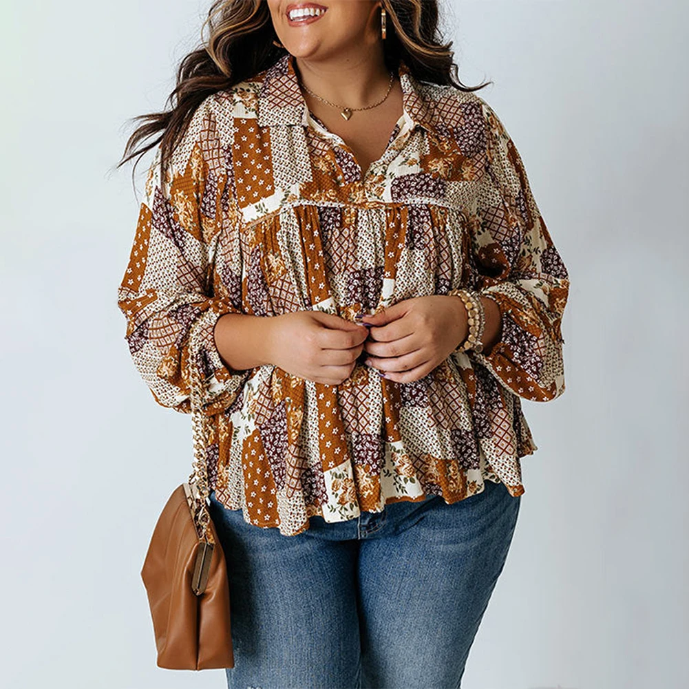 

Plus Size Women Printed Long Sleeve Top Ladies Casual Loose Lapel Blouse T Shirt Autumn Winter Floral Loose Blouse