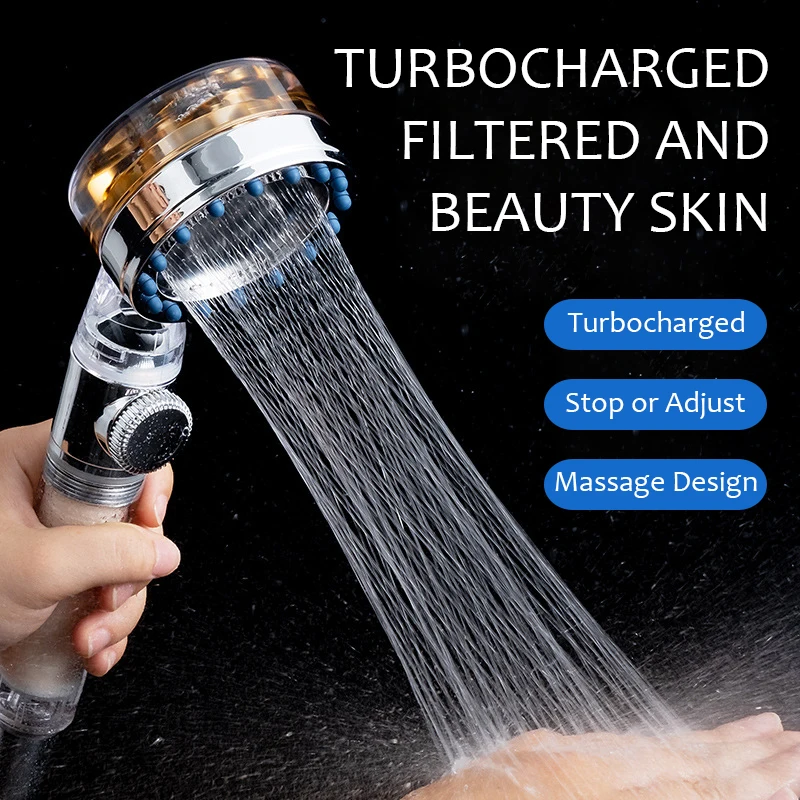 

Turbocharged High Pressure Shower Head Double Filtration with Fan Adjustable Rainfall Shower Water Saving Bathroom Acessories
