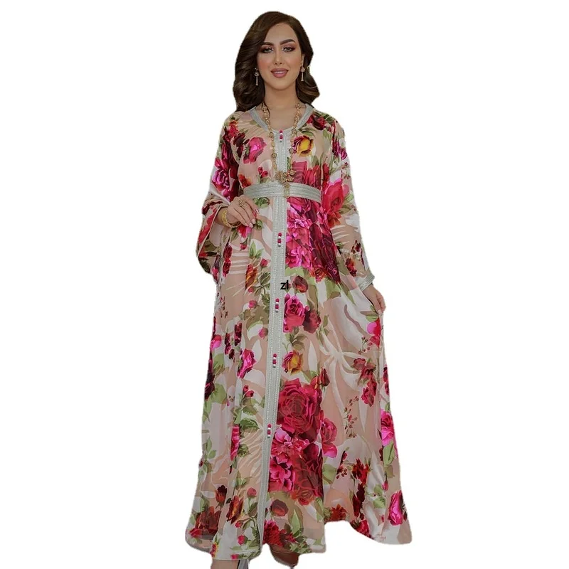 

Floral Printed Abaya Long Dress Women Diamonds Arabic Party Muslim Loose Robe Saudi Gulf Jalabiya Moroccan Kaftan Maroon