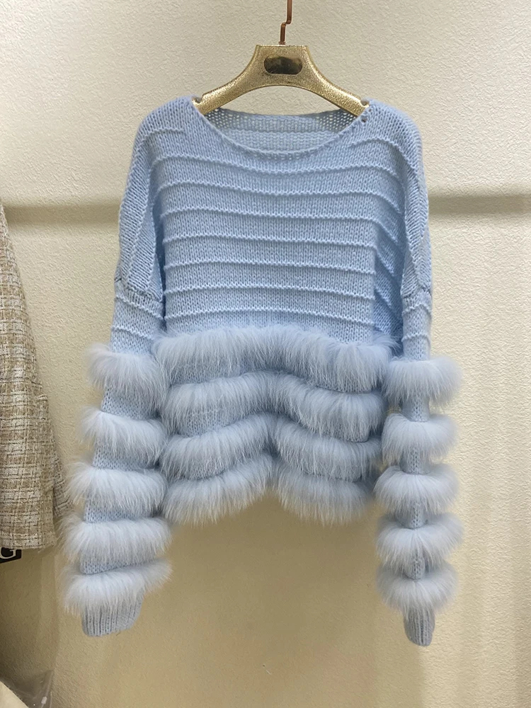 Women Fashion Real Fox Fur Strip Knitted Cardigans Sweater Real Fur Trim Loose Autumn Spring Knitwear