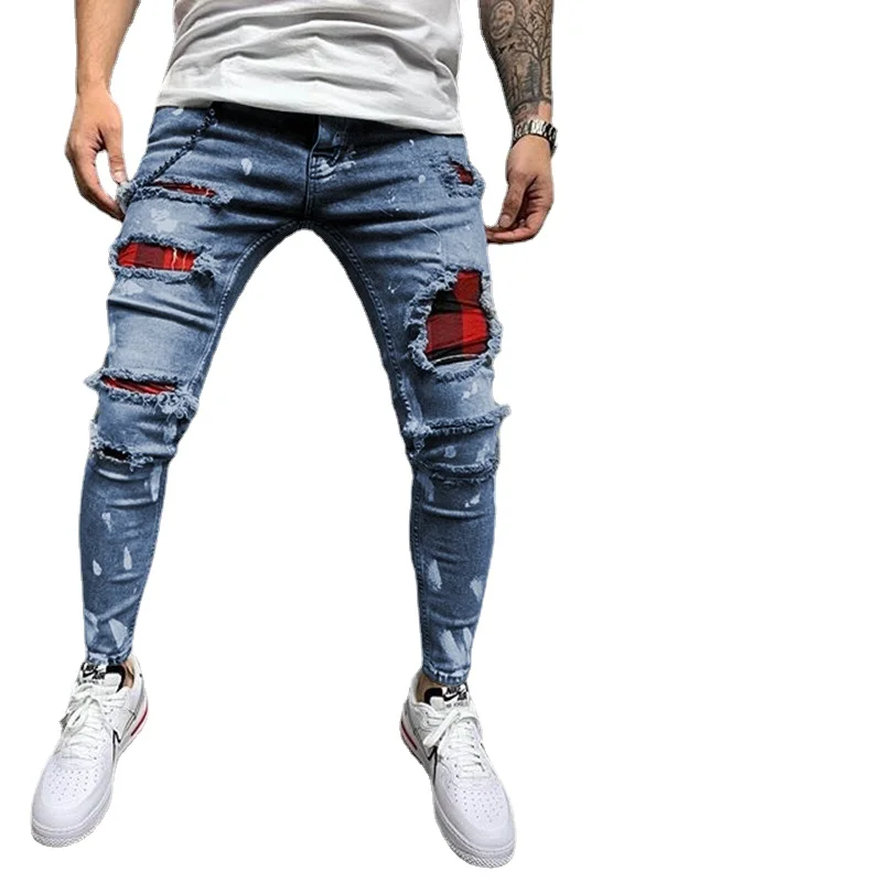 Y2k Spring Autumn New Men's Slim Ripped Small Foot Pants Men's Painted Jeans Mid-waist Tight Hip Hop Nine-point Pants