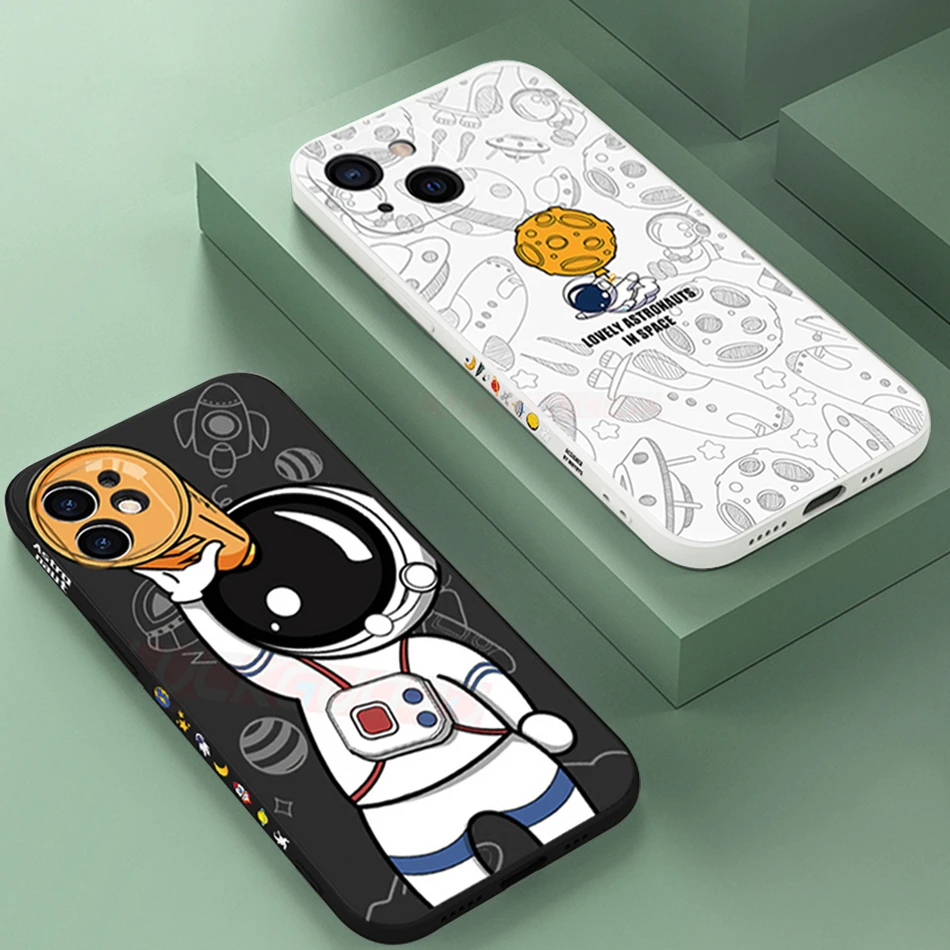 

Cute Astronaut Phone Case For iPhone 11 12 13 Pro MAX XS XR X 6 s 7 8 Plus SE Square Frame Pattern Cover Silicone Shockproof TPU
