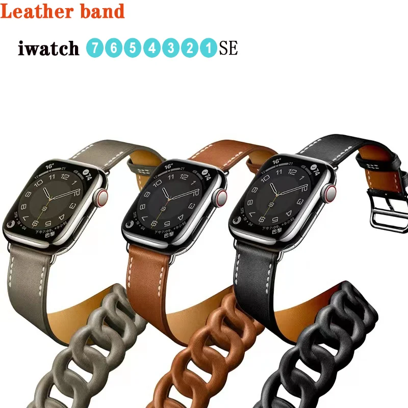 

Leather Gourmette Double Tour Strap For Apple Watch 7 band 45mm 41mm correa 42/38mm bracelet iwatch series 6 5 4 3 Se 44mm 40mm