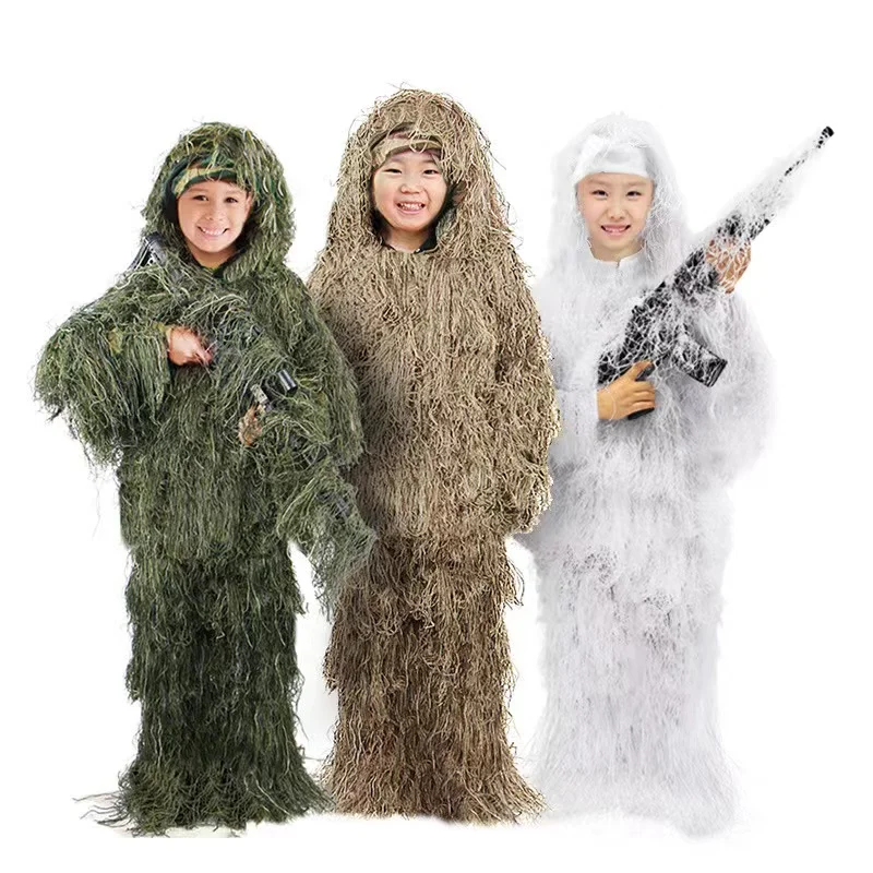 Men Women Kids Outdoor Ghillie Suit Camouflage Clothes Jungle Suit CS Training Leaves Clothing Hunting Suit Pants Hooded Jacket