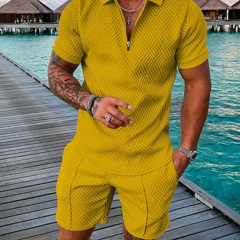 New Men's Suit Set 3D Solid Color Print Summer Short Sleeve Polo Shirt Shorts Suit Fashion Zipper Polo Shirt Two Piece Suit Men