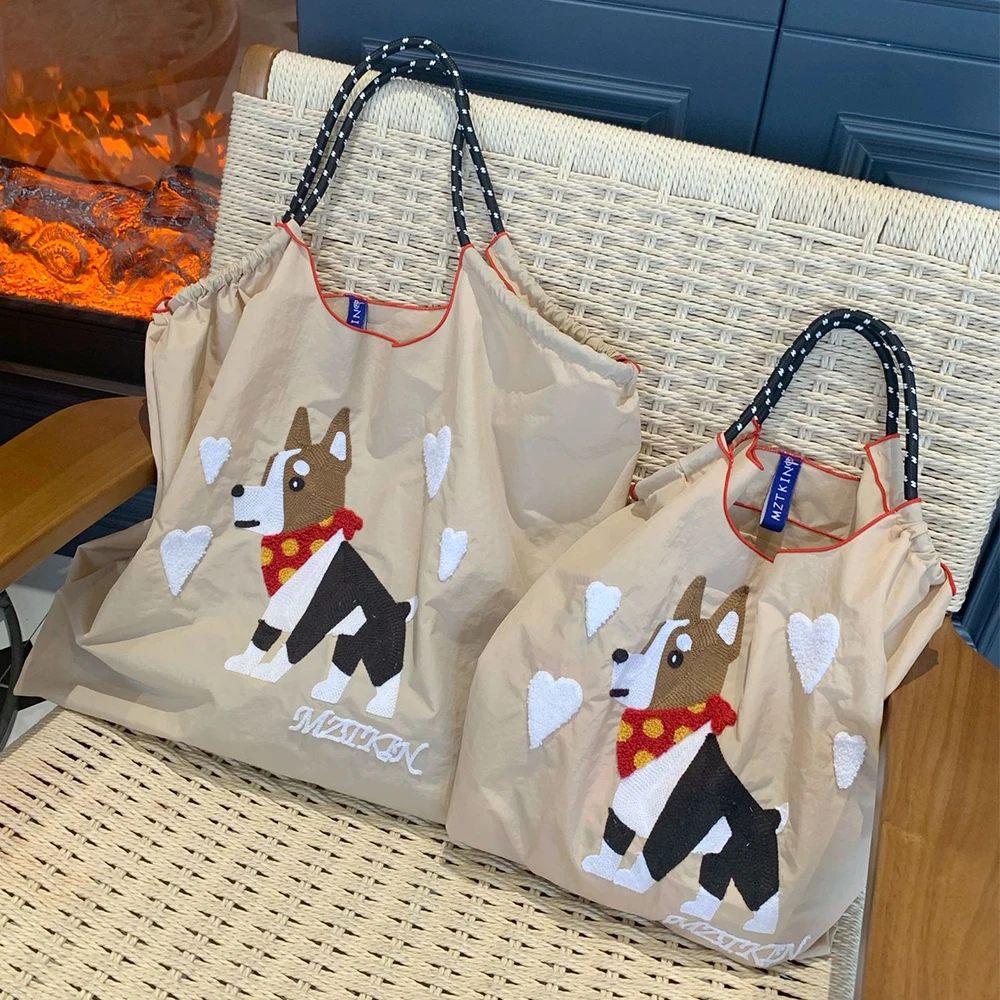 Cute Dog Embroidery Designer Bags for Women Nylon Eco Bag Handbags and Purses Large Shopper Tote Bags Animal Shoulder Bag New