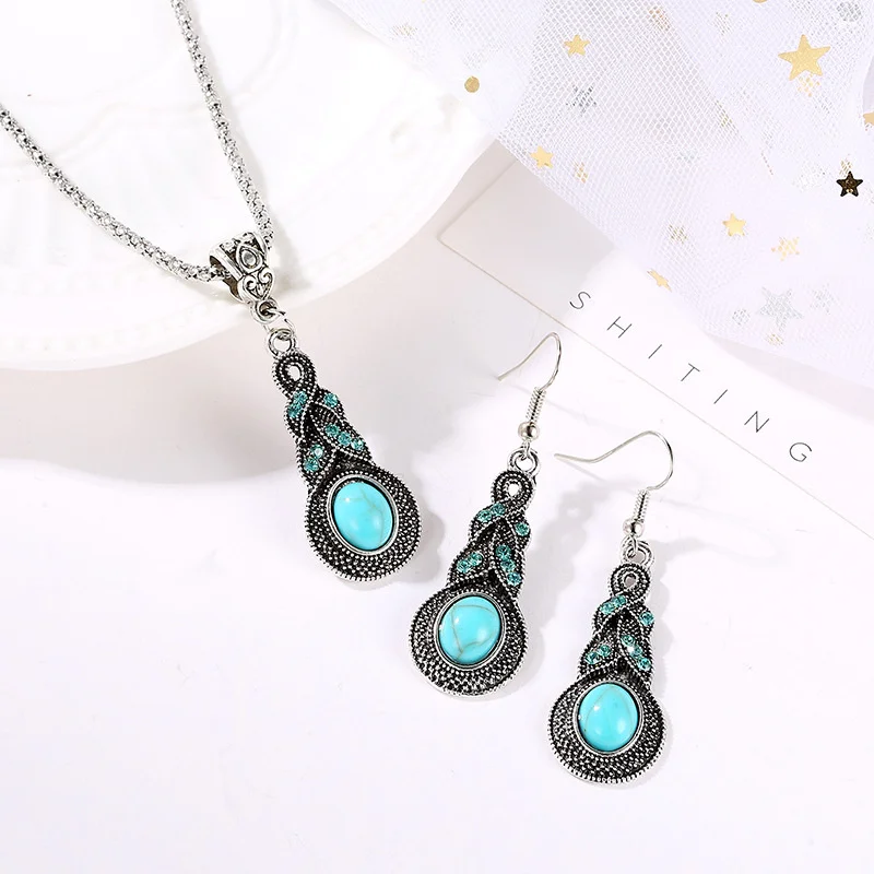 

boho fashion retro silver color and blue stone inset pendant earrings and necklace Bohemian statement jewellery sets for women