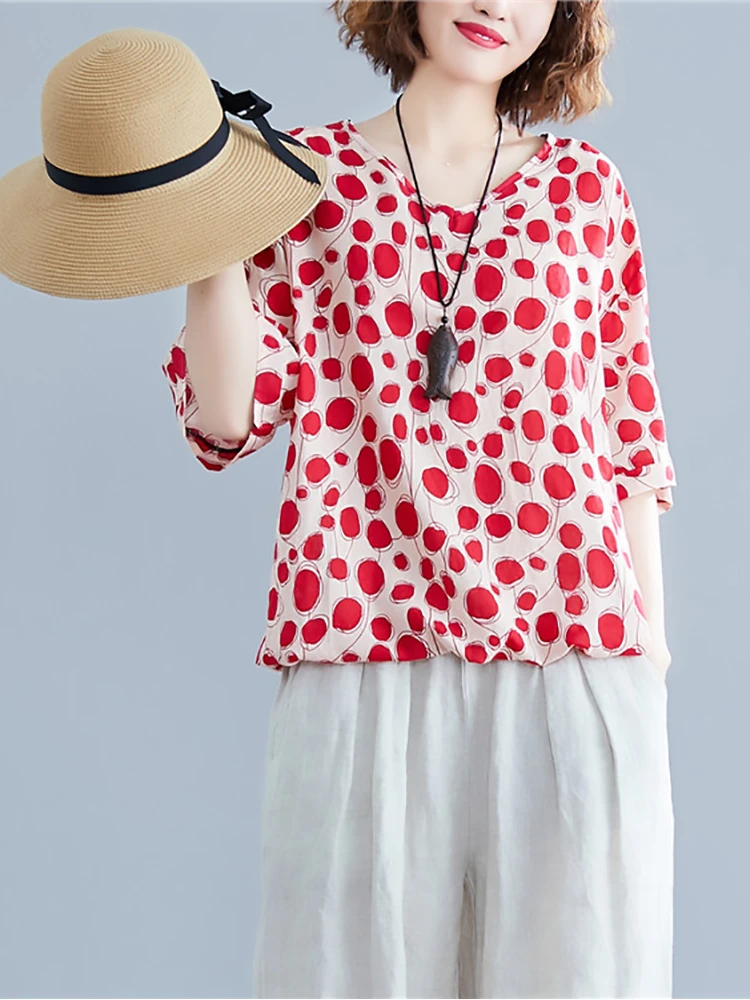 

Women Polka Dots Print Loose T-shirt Summer New Fashion Cotton Linen Tee Short Sleeve Elegant Office Lady Chic V-neck Pullovers