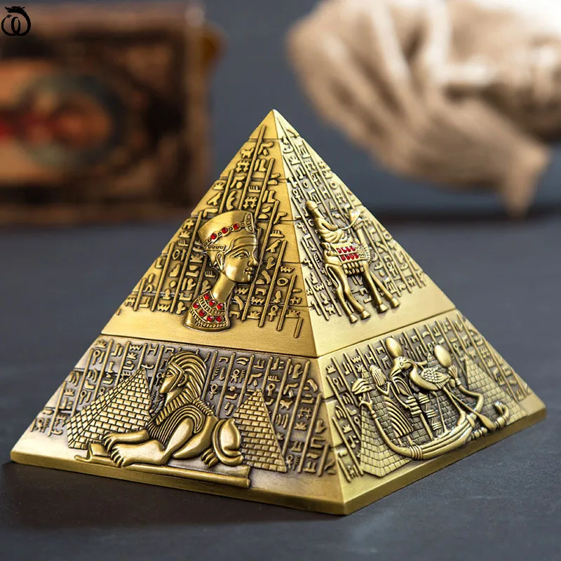 

Egyptian Pyramid God Metal Sculpture Classic Ashtray With Cover Statue Retro Egypt Figurines Craft Home Decor Accessories Gift