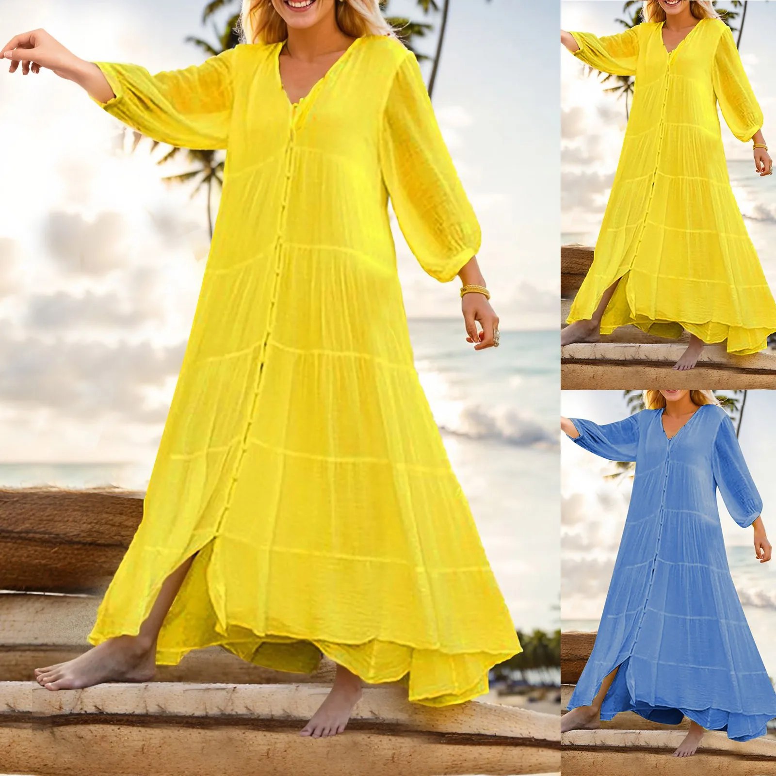 

Женское Цветочное платье макси в стиле бохо, Пляжное многослойное платье с пышными длинными рукавами и V-образным вырезом, элегантное платье для женщин 2023