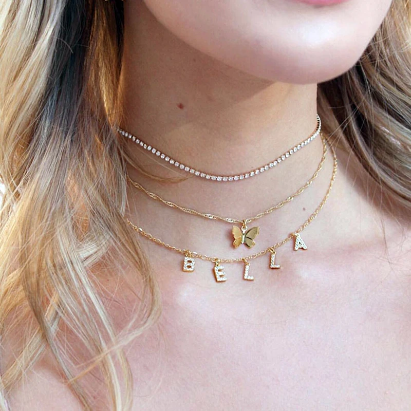 

A-Z 26 Letter Name Initials Gold color cz Charms pendant Diy Necklace lettert women neck chain double stainless steel necklaces