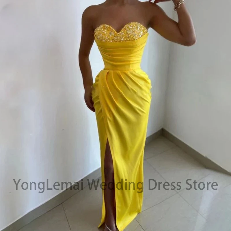 

Mermaid with Sexy Slit Pleat Sweetheart Sequined Beading Satin Long Prom Gown Lady Pageant Dresses Yellow Evening Dress Vestidos