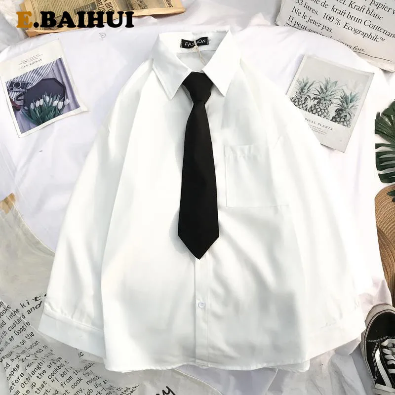EBAIHUI-Blusa de manga larga holgada para mujer, camisa informal de gran tamaño con cuello vuelto, color blanco y negro, Top Vintage, Otoño, 2020