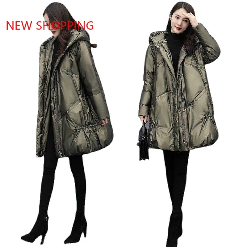 Women Thicken Cotton Jacket Winter 2023 Fashion Loose Warm Glossy Mid-Length Coat Hooded Solid Parka Oversized Parkas Down Coats