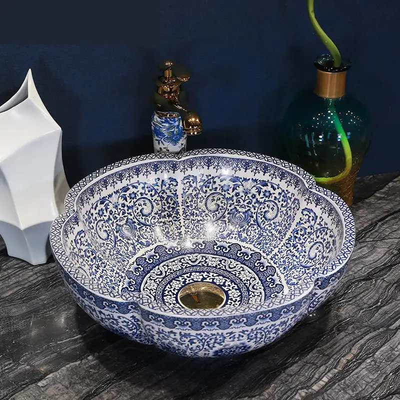 

Blue And White Jingdezhen Ceramic Washbasin Chinese bathroom wash Basin sinks flower shape