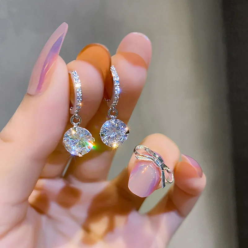 

korean Jewelry Shiny 8mm Cubic Zircon Hoop Earrings Round Crystal Fake Piercing Clip Earrings For Women Wedding Luxury Jewelry