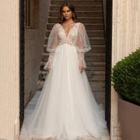 boho puff long sleeves wedding dress a line 2022 fashion backless lace bride gown for bride v neck tulle vestido de novia