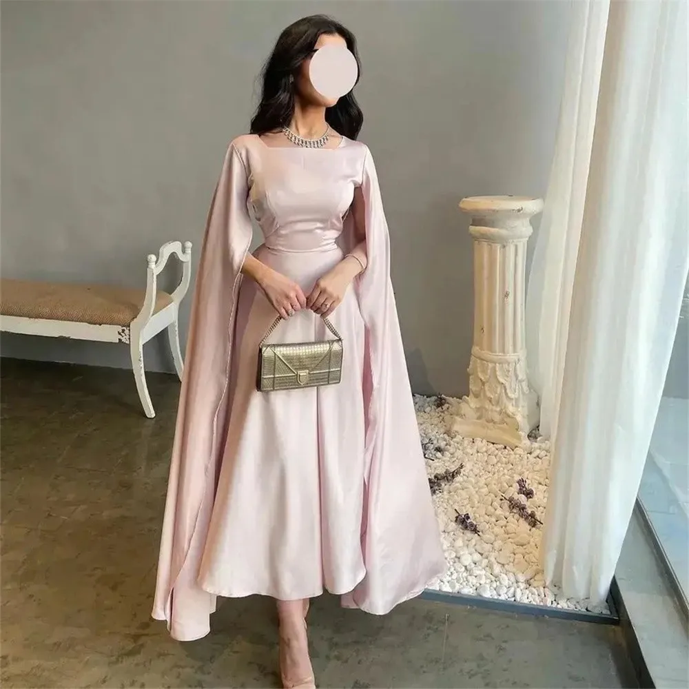 

New Fashion Pink Square Collar Neck Full Sleeve A Line Pleat Prom Dress Tea Length Long Elegant Form Formal Evening Party Gowns