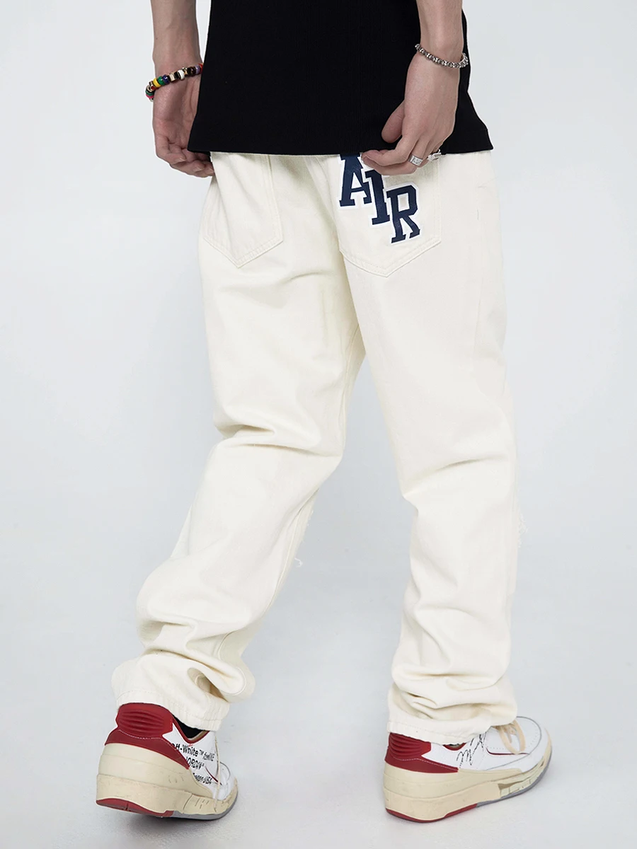 Men Jeans Street Hiphop Design Sense Niche Patch Ripped Jeans Men Retro High Street Straight Pants Street Clothing Ins Hot Sale