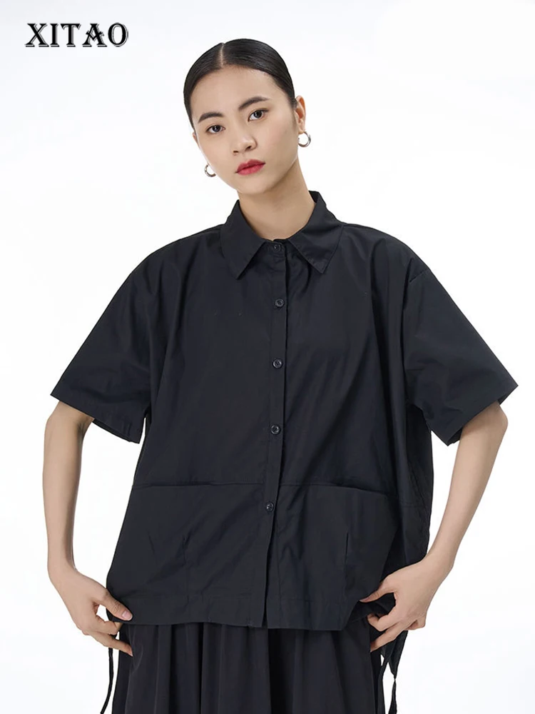 

XITAO Solid Single Breasted Shirt Top Women Personality Fashion Loose Short Sleeve Shirt Korea 2023 Summer New Arrival DMJ1509