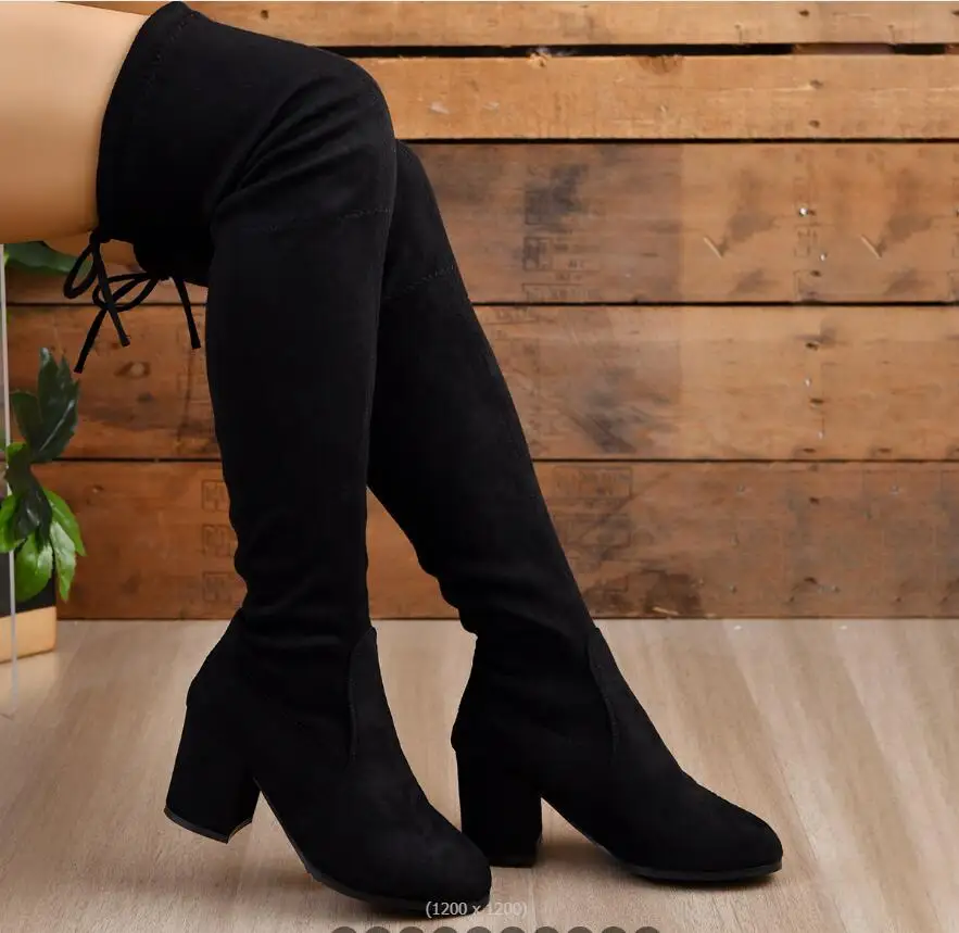 

Женские эластичные сапоги до колена, сапоги из искусственной замши на высоком каблуке, на шнуровке, Осень-зима