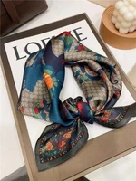 BYSIFA| New Grey Blue Silk Scarf Fashion Floral Design 70cm Square Scarves Fall Winter Neck Scarf Hijab Sweet Headband 65*65cm