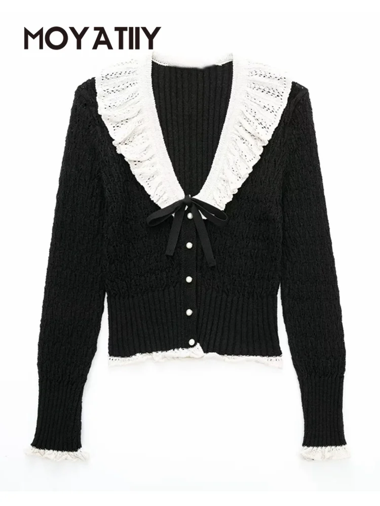 

Женский весенний кардиган MOYATIIY 2022, вязаные кардиганы с бантом и кружевом в стиле пэчворк, свитера, винтажный женский джемпер с V-образным выр...