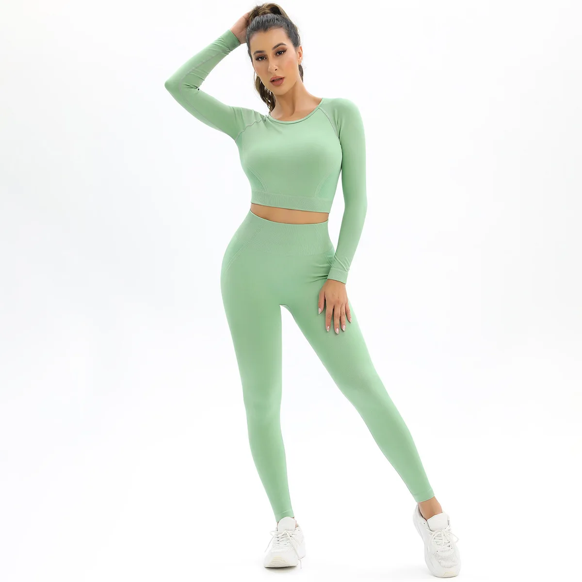Seamless Backless Yogs Sets Sports Fitness High Waist Hip-lifting Trousers Long-Sleeved Suits Workout Gym Leggings Set for Women