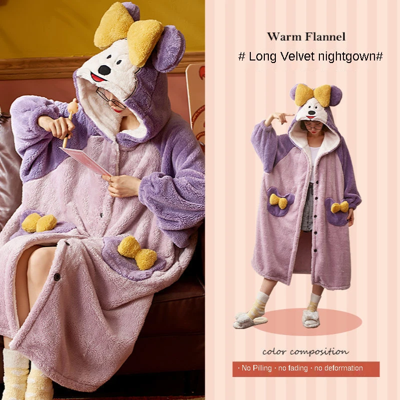 Nightdress Women's Hooded Autumn and Winter Warmth and Thickening Pajamas, Wearing Sweet Strawberry Flannel Robe and Bathrobe