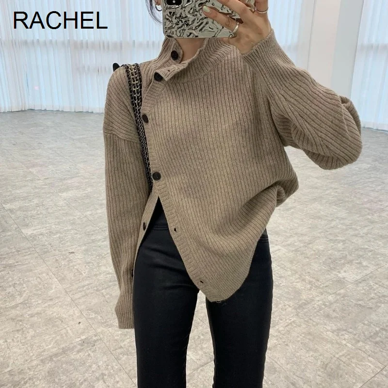 Корейский вязаный кардиган во французском стиле Свободный пуловер со стоячим