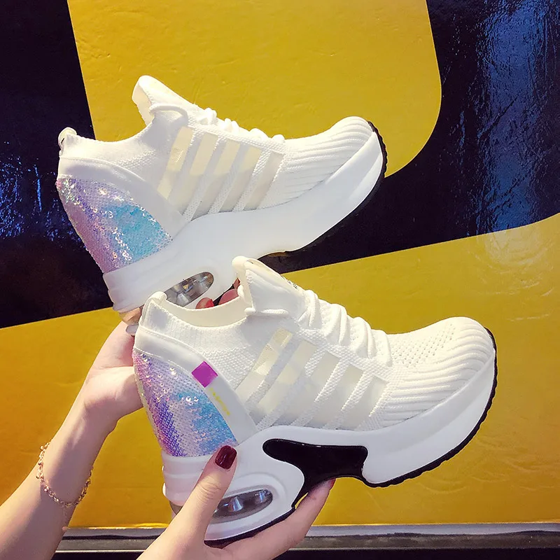 

2021 Women's Sneakers Spring Sequined Casual Shoes Women Platform Heels Wedges Height Increasing Knitted Ladies Vulcanized Shoes