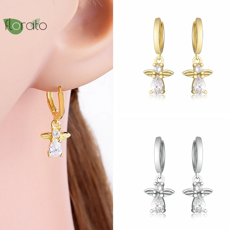 

925 Sterling Silver Needle Cute Angel 18K Gold Earrings Fashion 14mm Hoop Earrings for Women Wedding Jewelry Cute Accessories