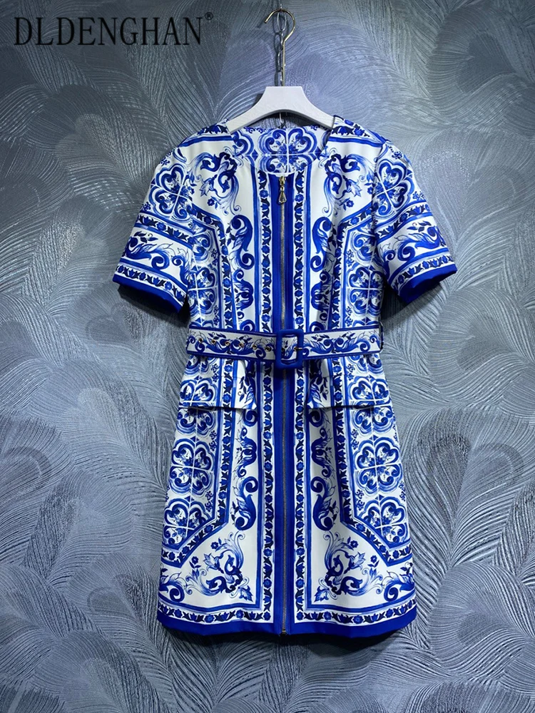 

DLDENGHAN Spring Summer Women Dress O-Neck Short Sleeve Belt Blue and White Porcelain Print Vintage Dresses Fashion Runway New