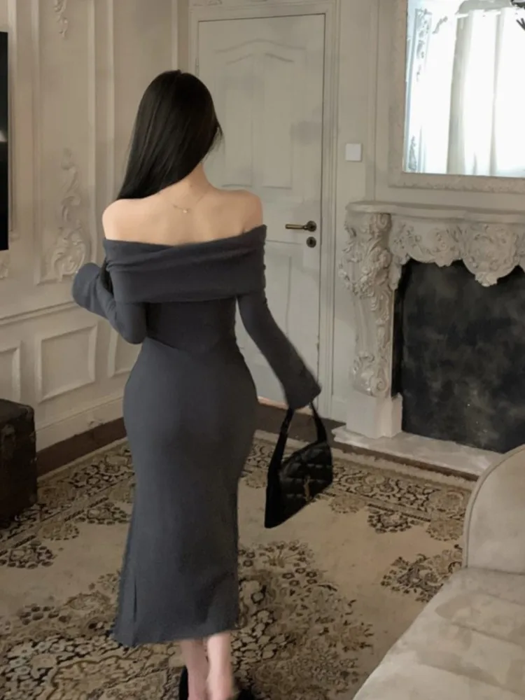 Осеннее Новое Сексуальное Платье в французском стиле женское однотонное
