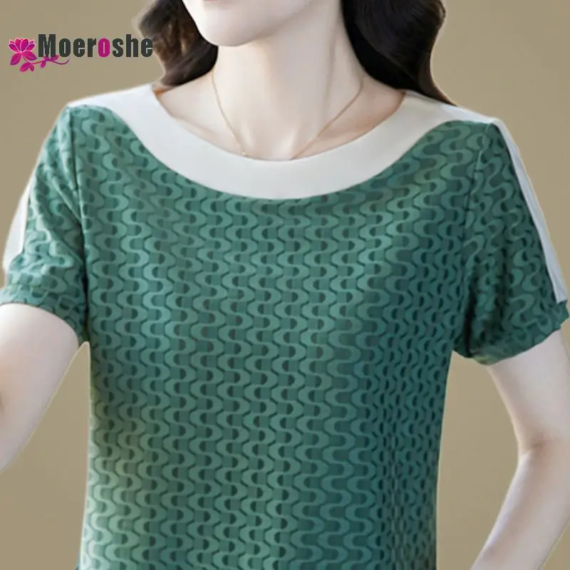 

Moeroshe Women's One-line Shoulder Top Summer Vintage Short Sleeves Slight Strech T-shirts Women's Crewneck T-shirt